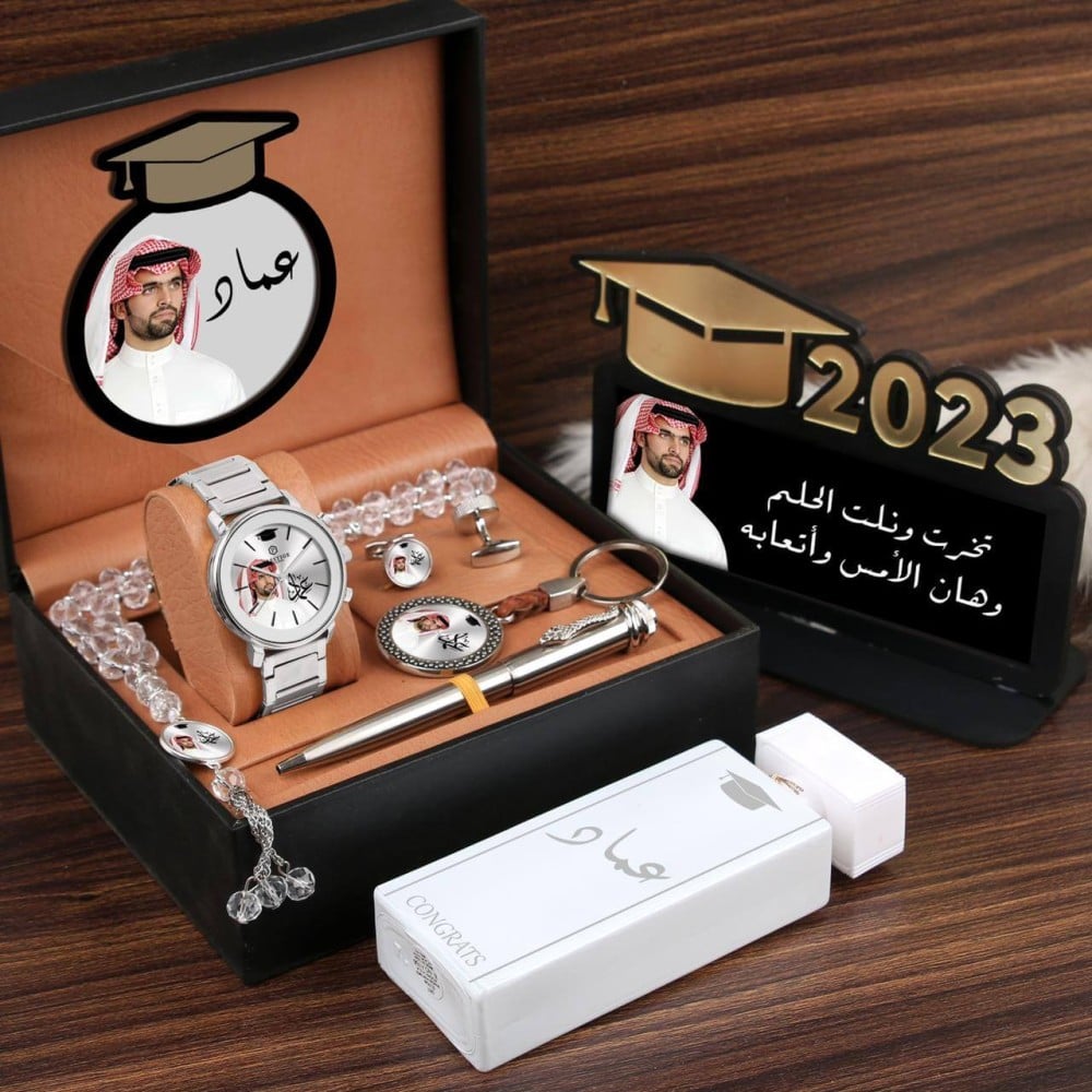 طقم هدايا تخرج رجالي فخم 2026 – ساعة مع قلم وكبك ومسبحه