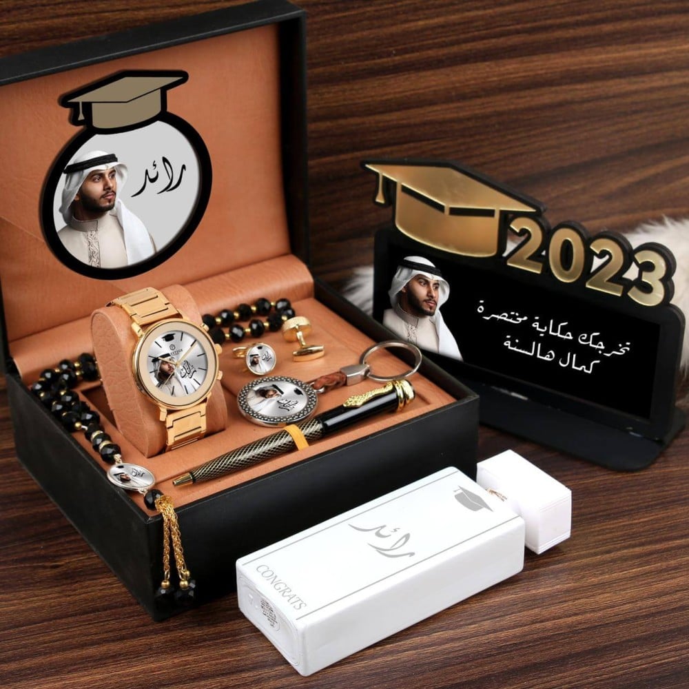 طقم هدايا تخرج رجالي فخم 2026 – ساعة مع قلم وكبك ومسبحه