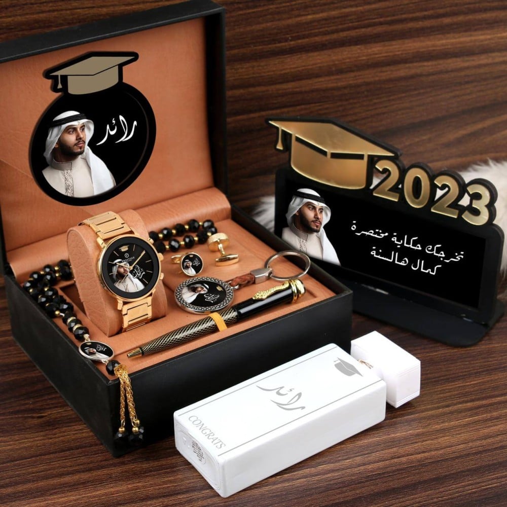 طقم هدايا تخرج رجالي فخم 2026 – ساعة مع قلم وكبك ومسبحه