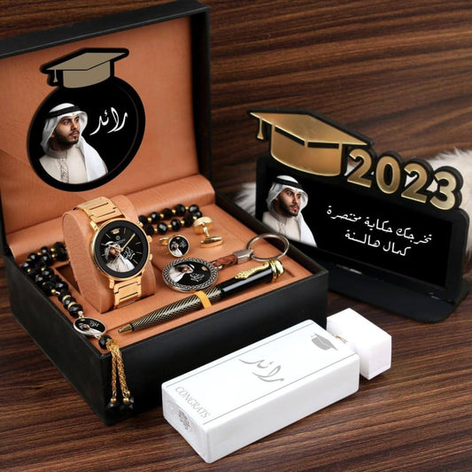 طقم هدايا تخرج رجالي فخم 2026 – ساعة مع قلم وكبك ومسبحه